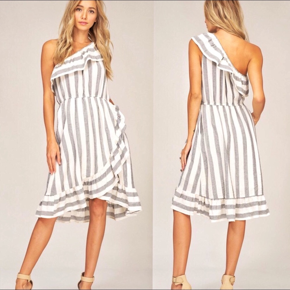 One Shoulder Striped Ruffle Midi Dress - Picture 2 of 8